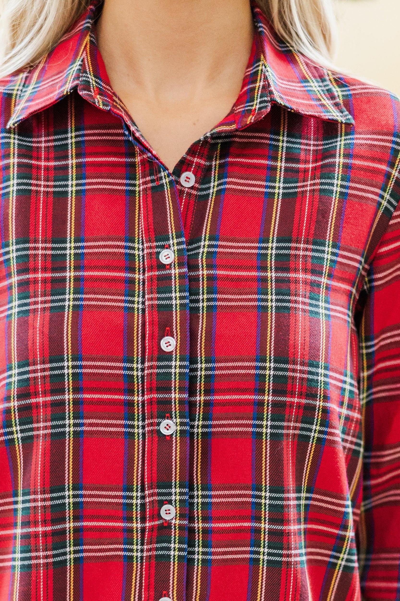 Just For You Red Tartan Plaid Button Down Blouse Female Product Image