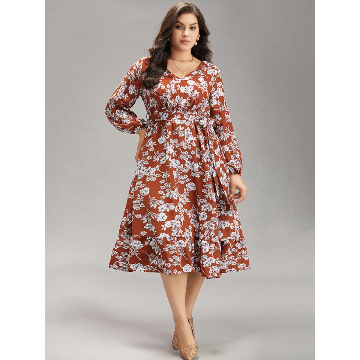Plus Size Floral Print Elastic Cuffs Ruffle Hem Dress Rust Women Elegant Elastic cuffs V-neck Long Sleeve Curvy Midi Dress BloomChic 14-16/1X Product Image