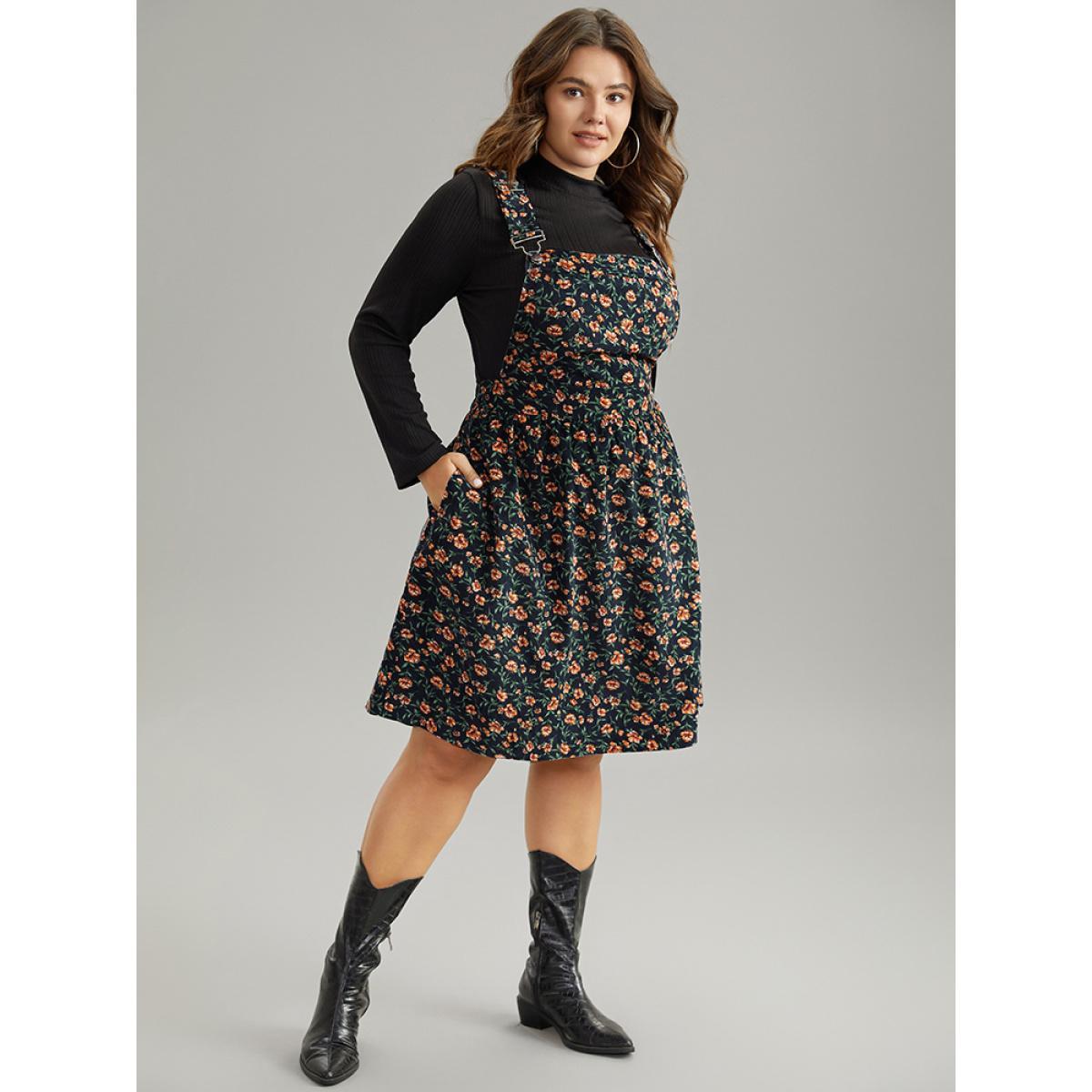 Plus Size Corduroy Ditsy Floral Pocket Adjustable Straps Dress Indigo Women Casual Adjustable Straps Spaghetti Strap Sleeveless Curvy Knee Dress BloomChic 18-20/2X Product Image