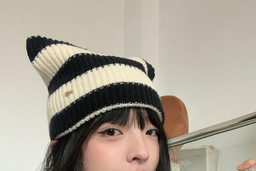 Cat Ear Striped Knit Beanie Product Image