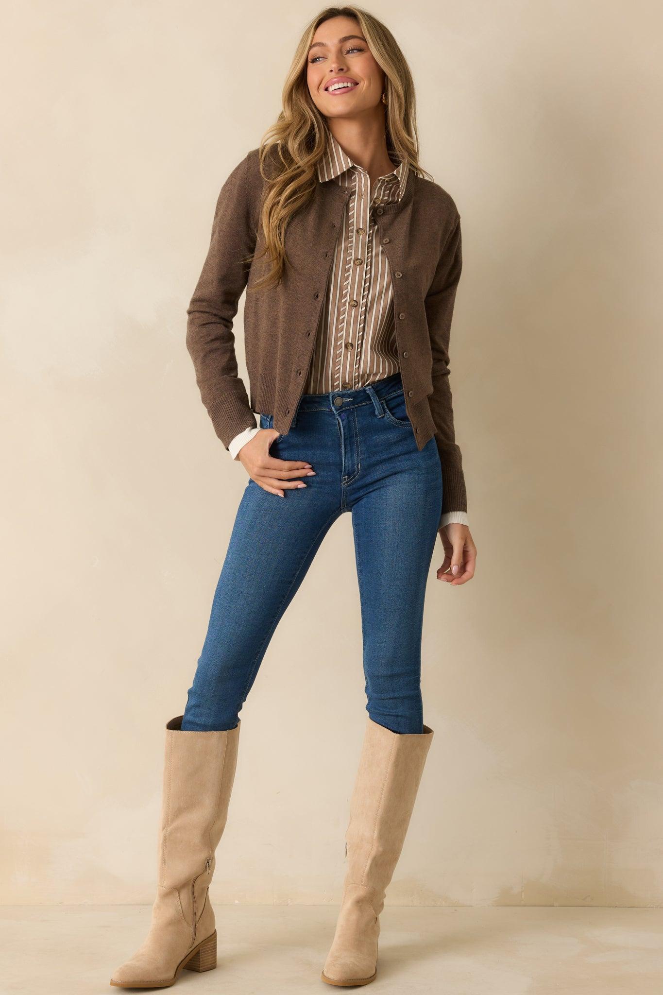 Keep Things Simple Brown Button Front Long Sleeve Cardigan Product Image