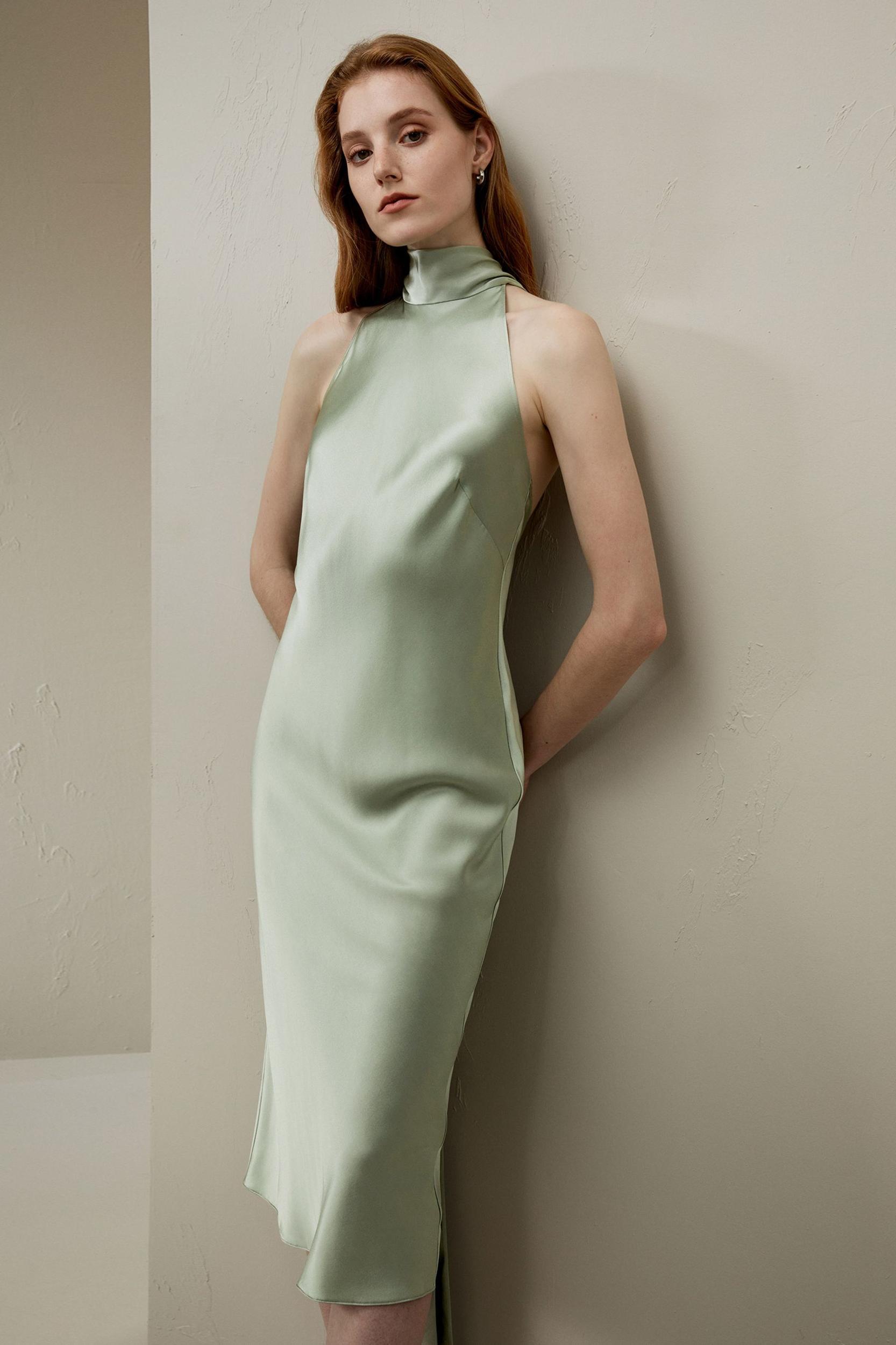 Halter Neck Open Back Silk Dress Product Image