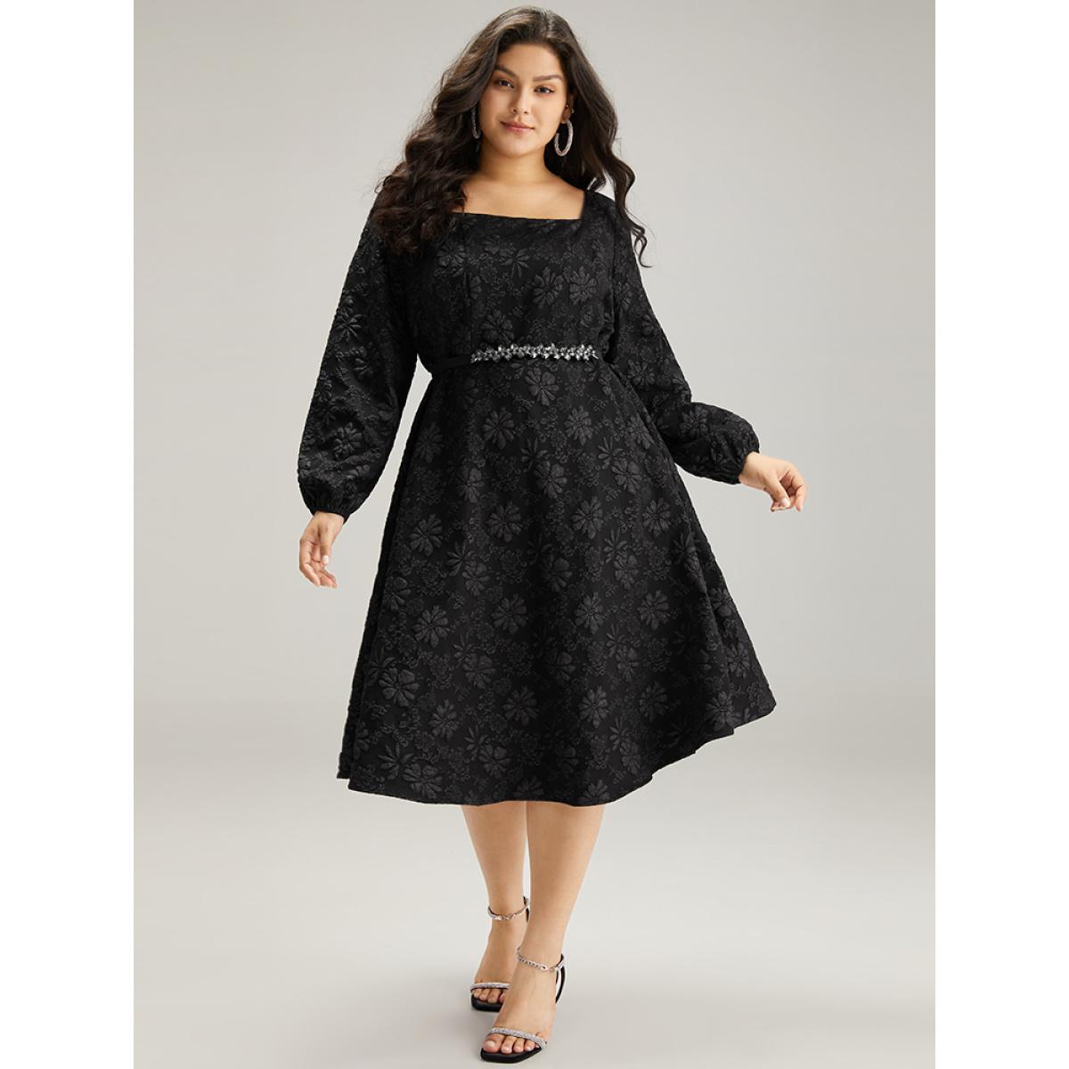 Plus Size Floral Print Plisse Pocket Lantern Sleeve Dress Black Women Cocktail Elastic cuffs Square Neck Long Sleeve Curvy Midi Dress BloomChic 10/M Product Image