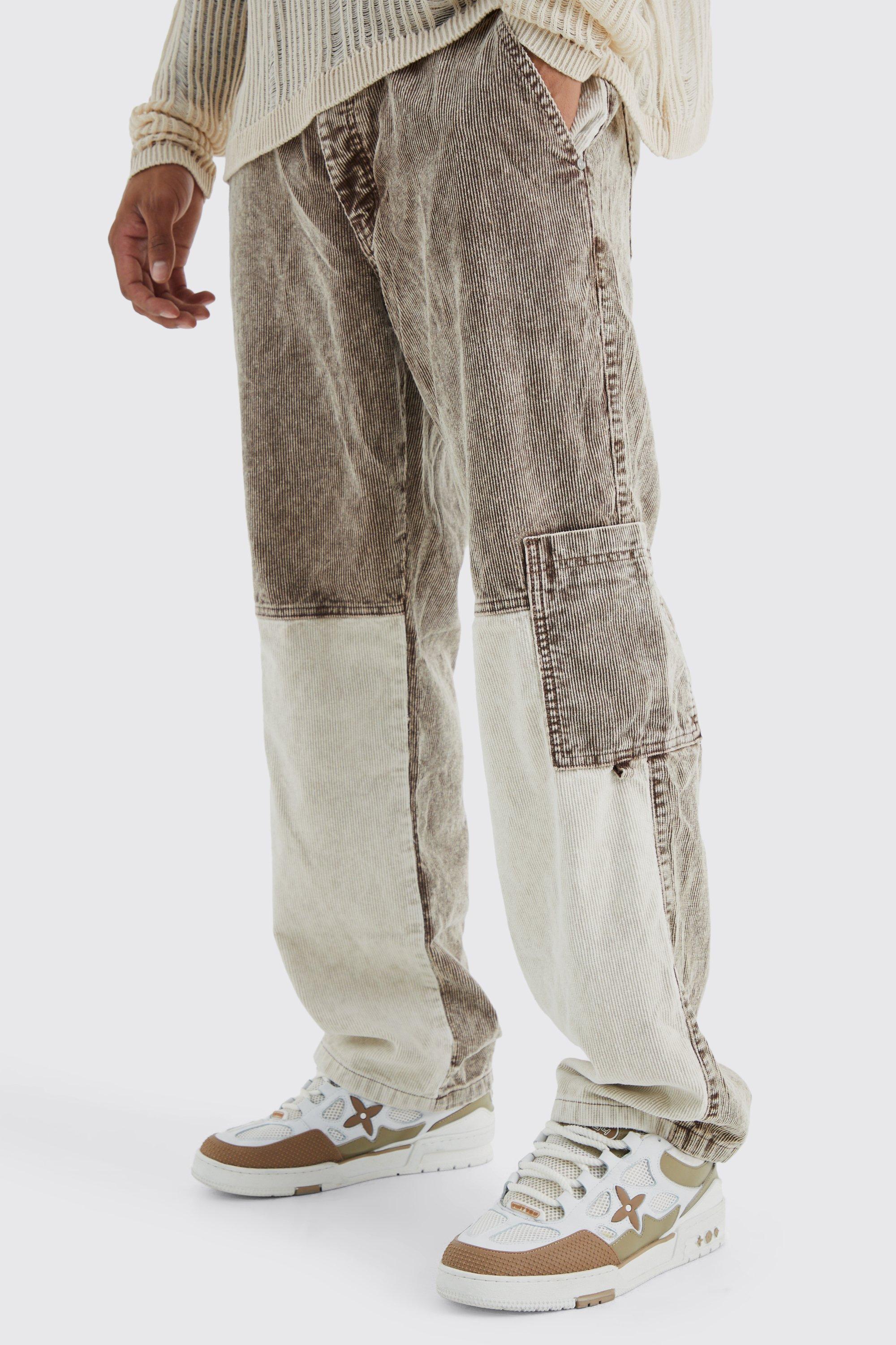 Mens Brown Relaxed Colour Block Acid Wash Cord Cargo Trouser, Brown Product Image