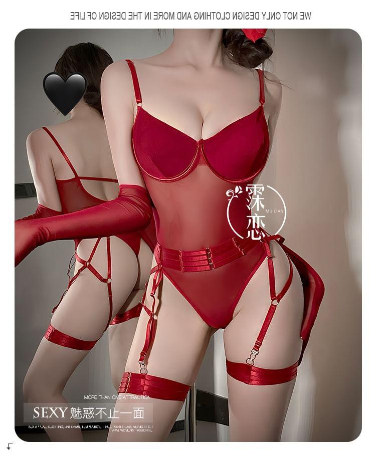 Set: Plain Mesh Bodysuit + Garter + Gloves Product Image