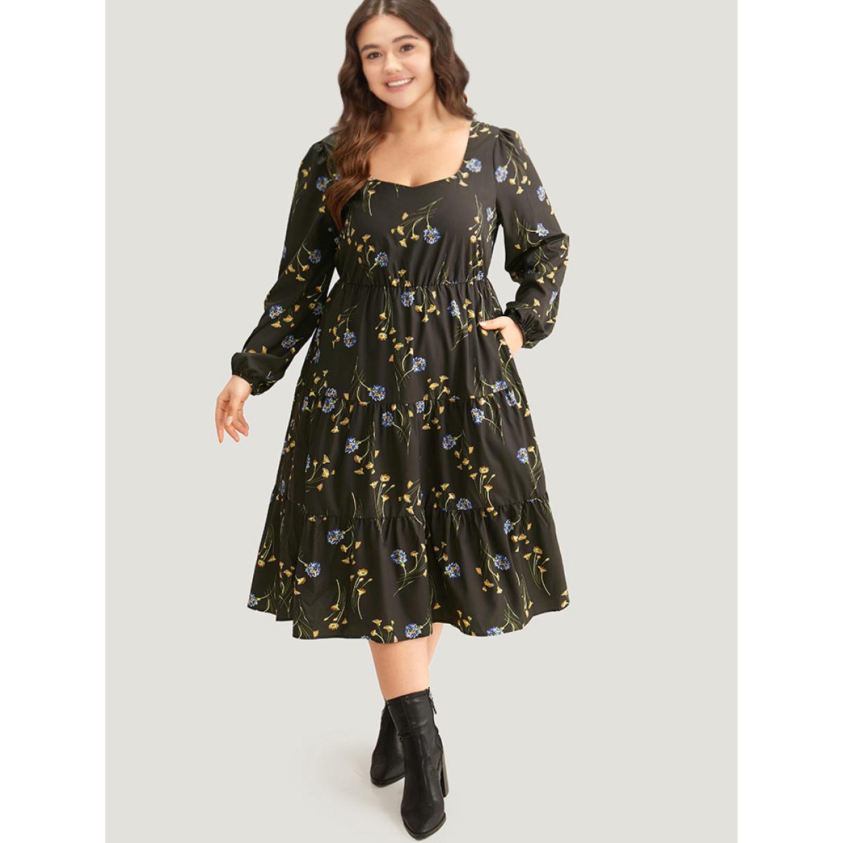 Plus Size Floral Print Ruffle Hem Elastic Cuffs Dress Black Women Elegant Elastic cuffs Square Neck Long Sleeve Curvy Midi Dress BloomChic 30/6X Product Image