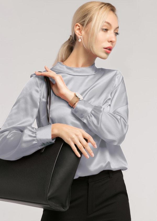 LILYSILK Business Blue Elegant Silk Blouse | Long Sleeves Style | Women Silk Navy Stand Collar Skin-Friendly and Breathable XS Product Image