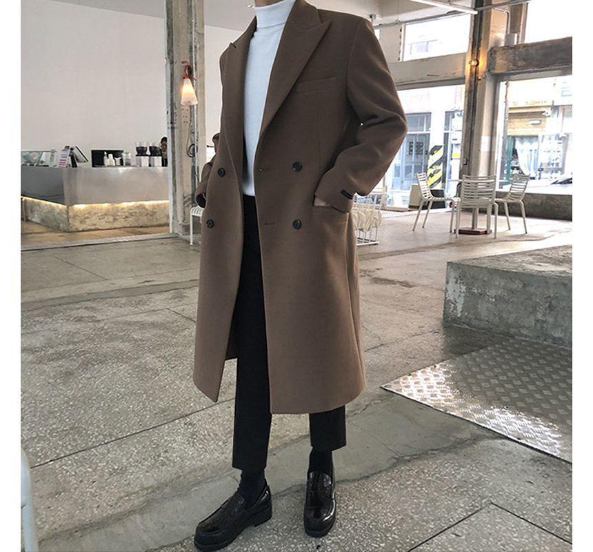 Long-Sleeve  Plain Double-Breasted Woolen Coat Product Image