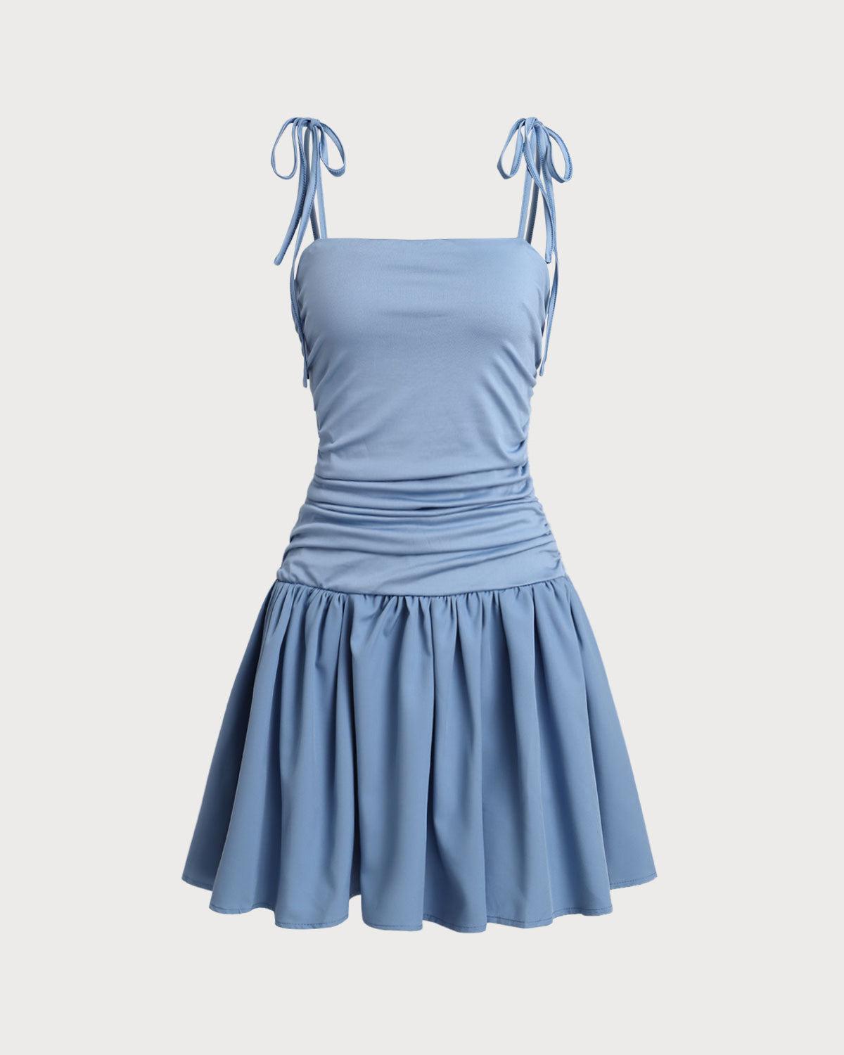 Blue Ruched Tie Strap Mini Dress Product Image