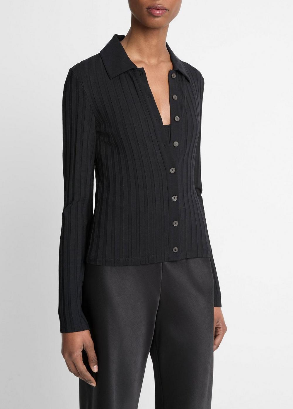 Ribbed Collared Long-Sleeve Button-Front Top Product Image