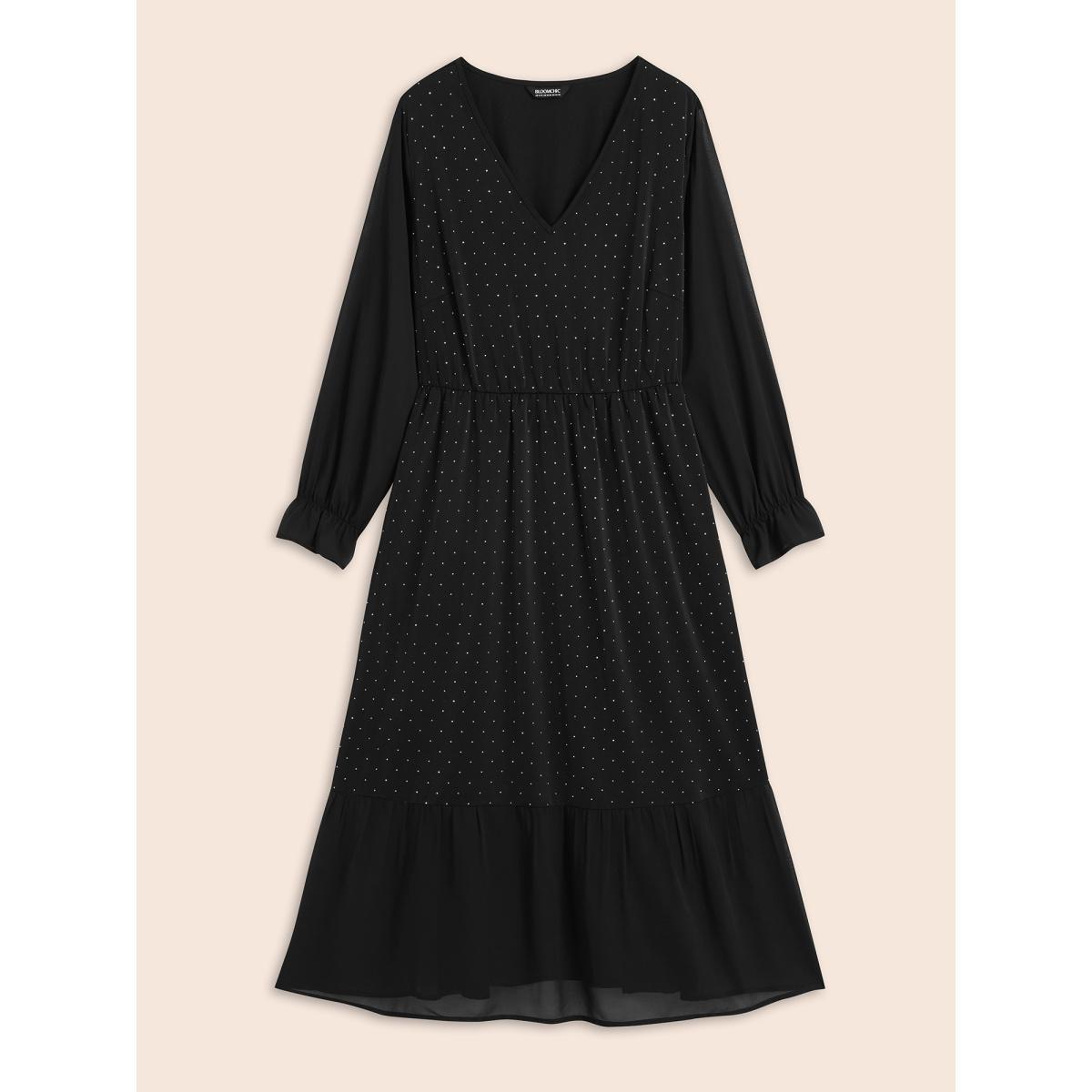 Plus Size V Neck Rhinestone Patchwork Ruffles Dress Pureblack Women Cocktail Rhinestone detailing Party Curvy Bloomchic 12/L Product Image