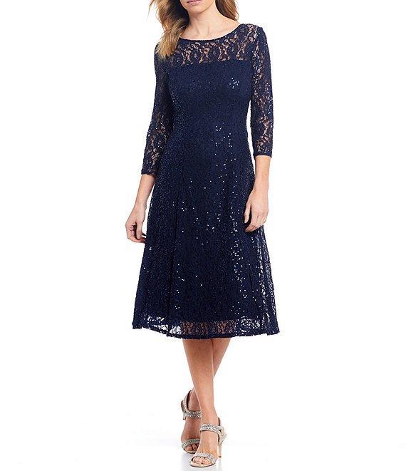 Ignite Evenings Sequin Lace Round Neck 3/4 Sleeve Midi Dress Product Image