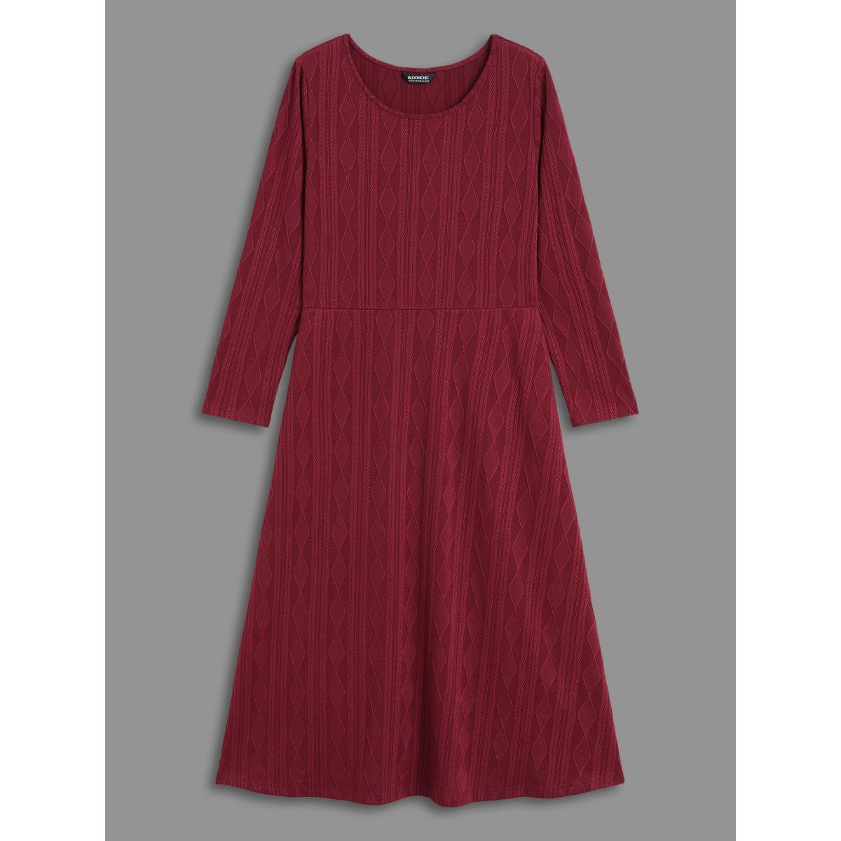 Plus Size Textured Knit Fit-And-Flare Midi Dress Burgundy Women Leisure Texture Round Neck Long Sleeve Curvy BloomChic 26/4X Product Image