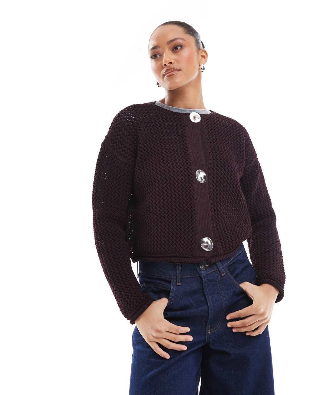 ASOS DESIGN chunky knit cardigan in burgundy Product Image