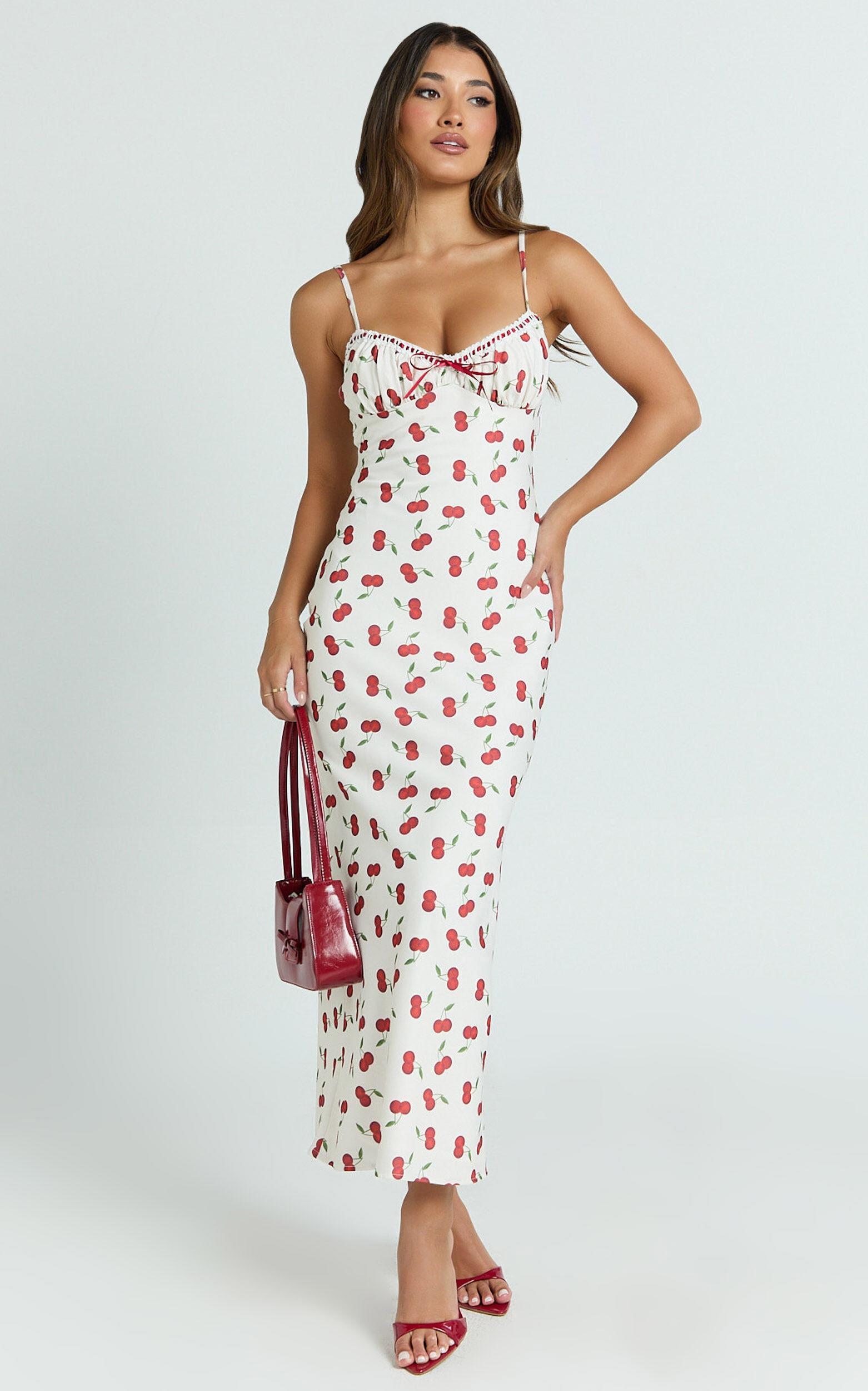 Bailey Midi Dress - Recycled Cherry Print Lace Trim Bias Cut Slip Dress in Blushing Cherries Print Product Image