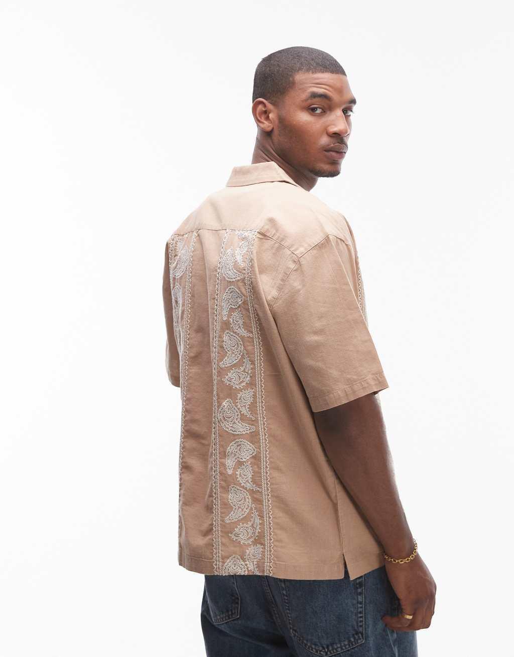 Topman short sleeve relaxed embroidered paisley shirt in stone Product Image