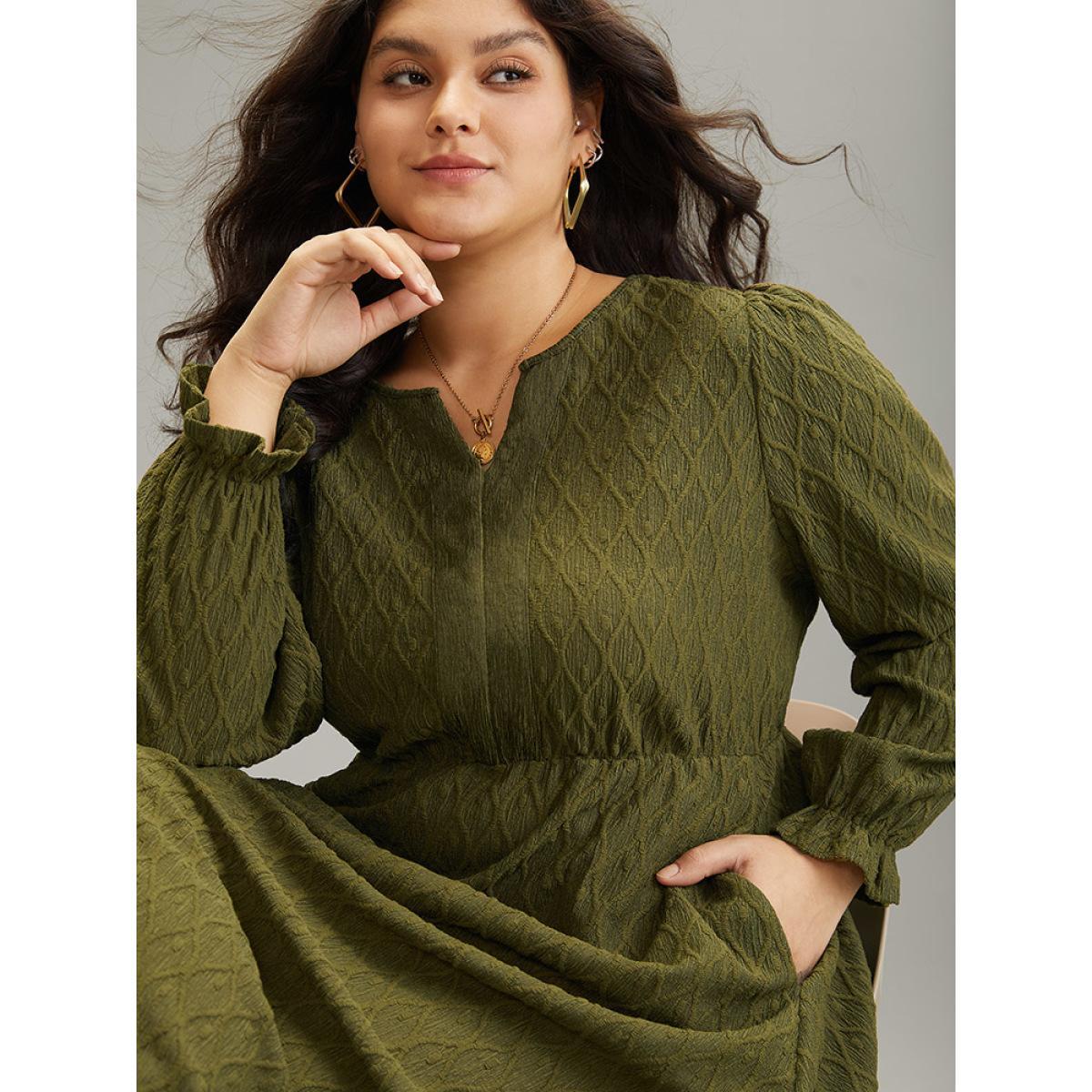 Plus Size Textured Jacquard Notched Ruffle Sleeve Dress ArmyGreen Women At the Office Texture Notched collar Long Sleeve Curvy Midi Dress BloomChic 14-16/1X Product Image