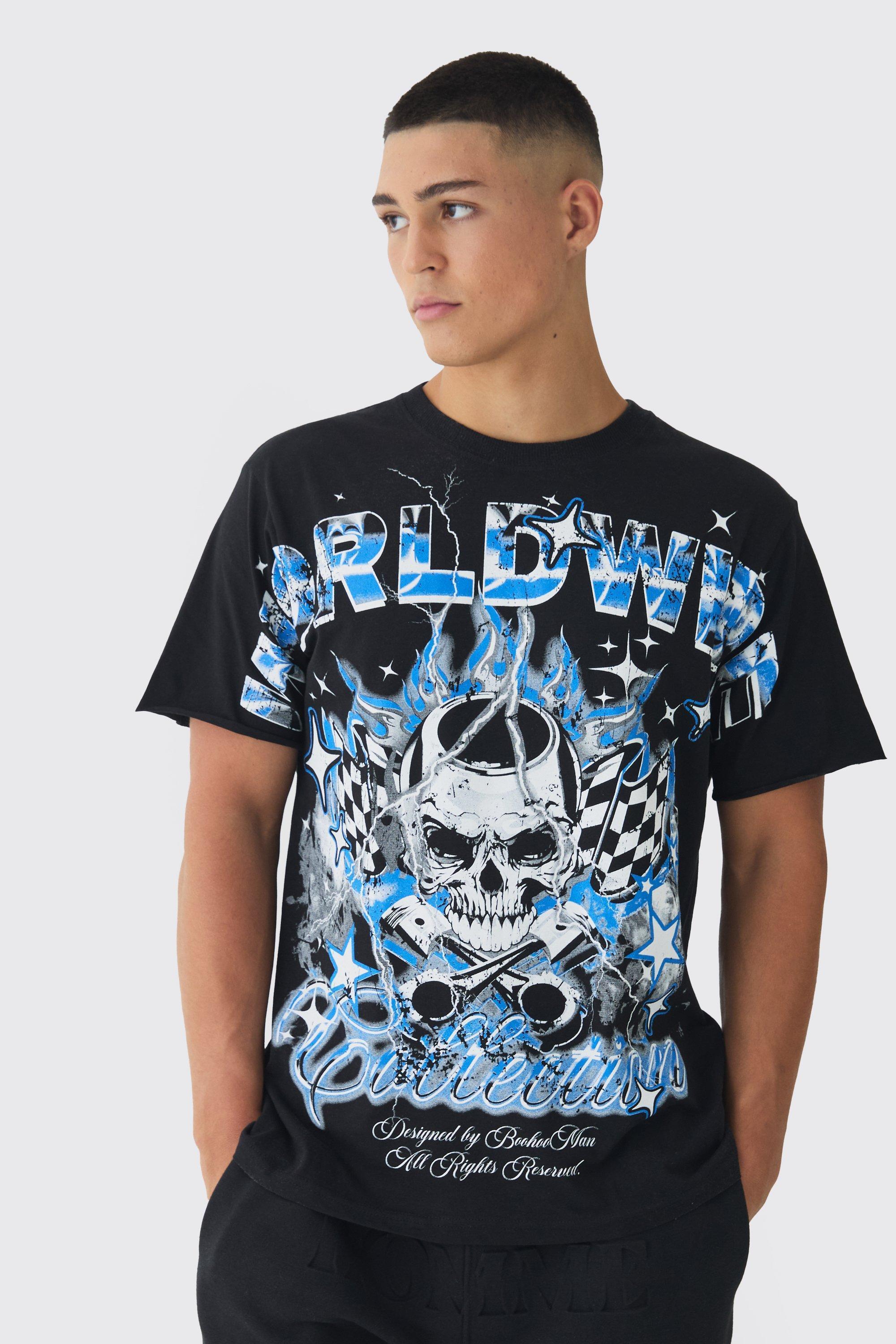 Regular Fit Worldwide Skull Graphic T Shirt | boohooMAN USA Product Image