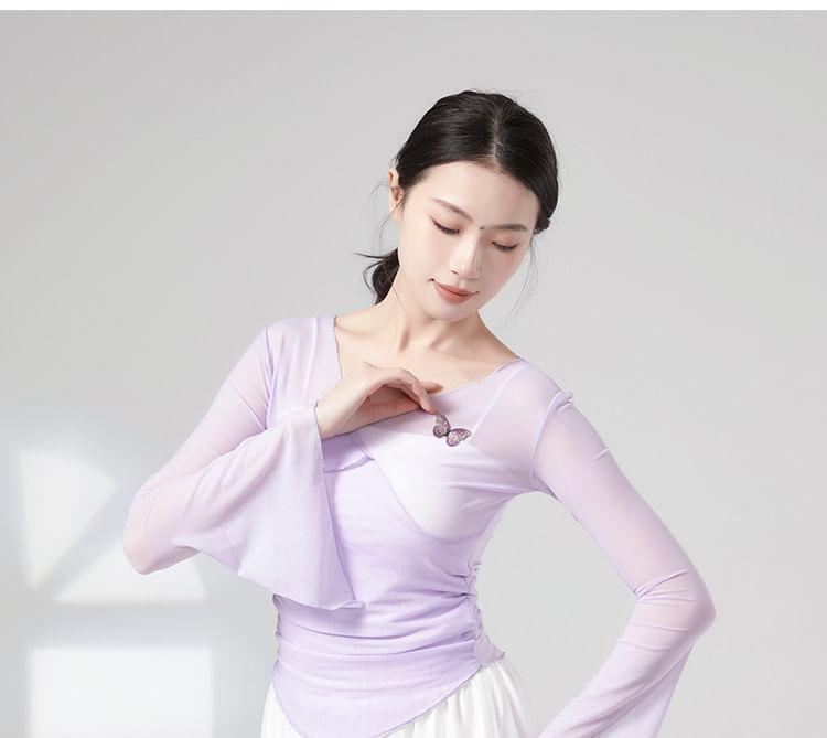 Flared-Sleeve Butterfly Embroidered Dance Top Product Image