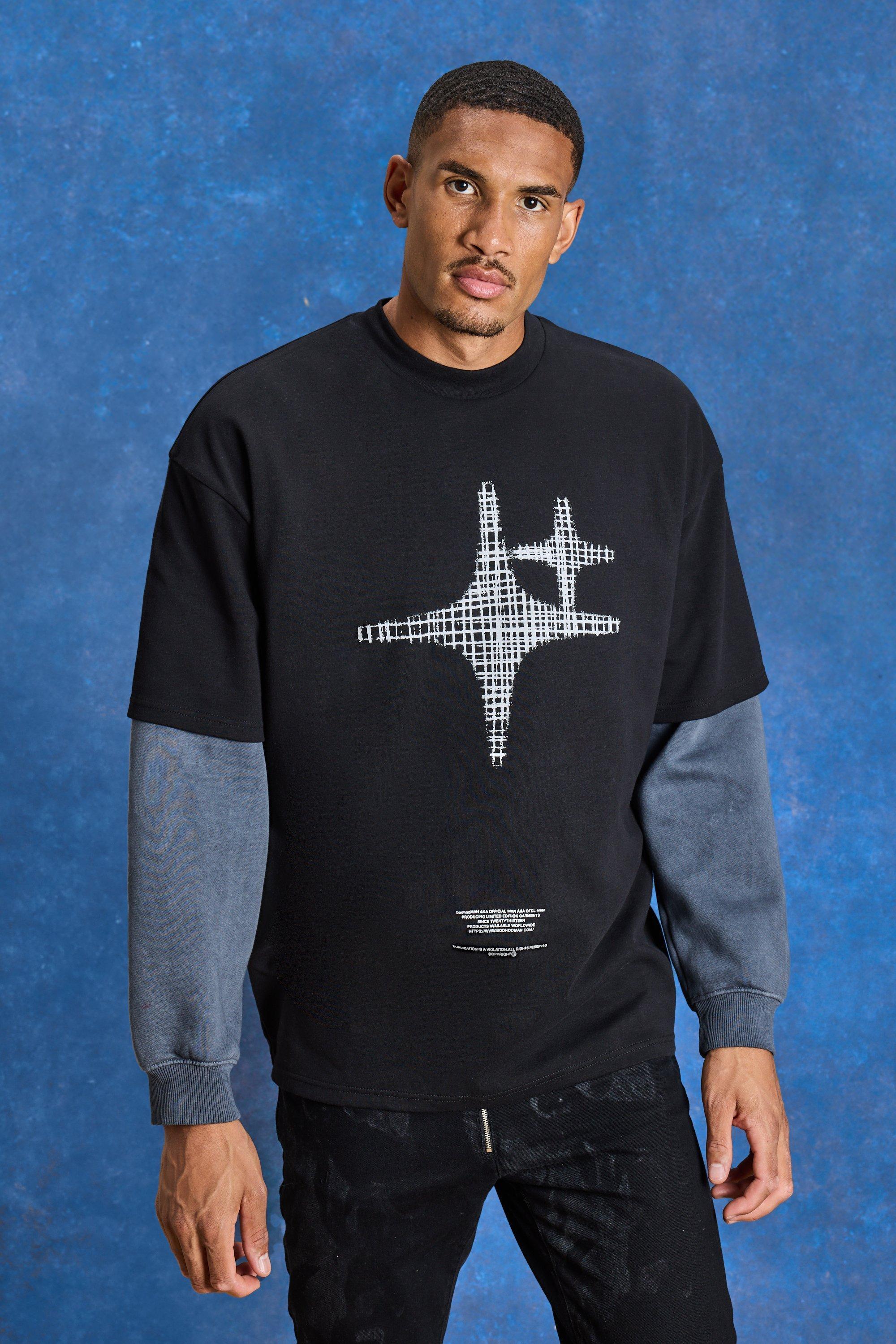 Mens Black Tall Oversized Star T-shirt, Black Product Image