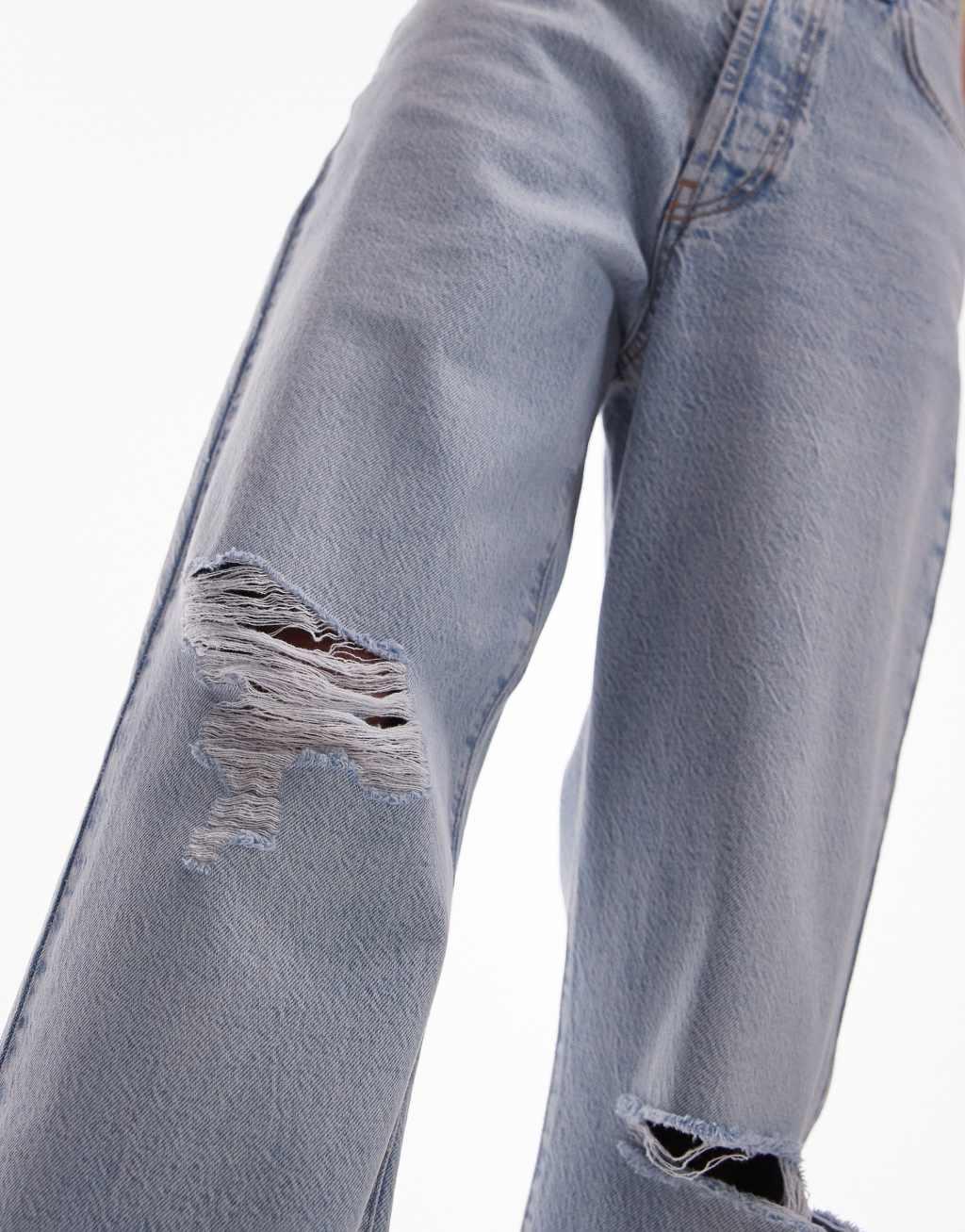 Topshop mid rise Column jeans with rips in vintage blue Product Image