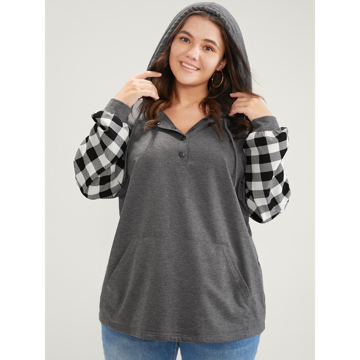 Plus Size Gingham Pocket Button Up Hooded Sweatshirt Women DimGray Casual Contrast Hooded Dailywear Sweatshirts BloomChic 12/L Product Image