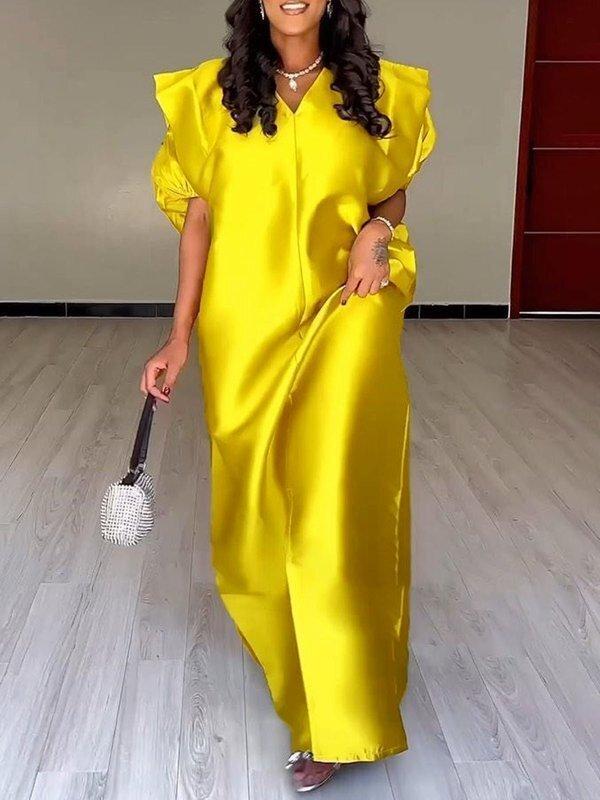 Half Sleeves Loose Elasticity Pleated Solid Color Split-Front V-Neck Maxi Dresses Product Image