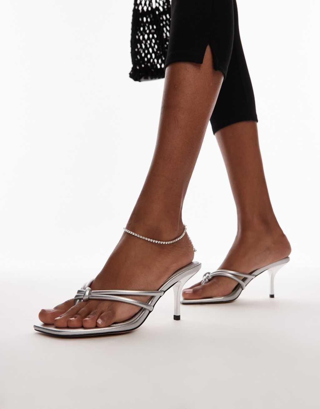 Topshop Femi toe post heeled sandals with knot detail in silver Product Image