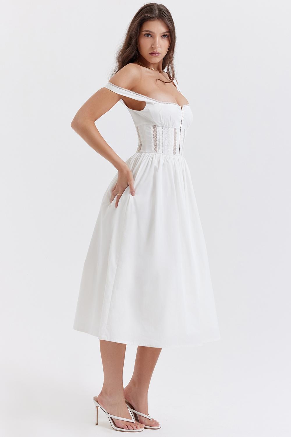 Perle White Lace Trim Midi Dress Product Image