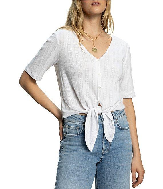 Sanctuary Pointelle V-Neck Short Sleeve Button Front Top Product Image