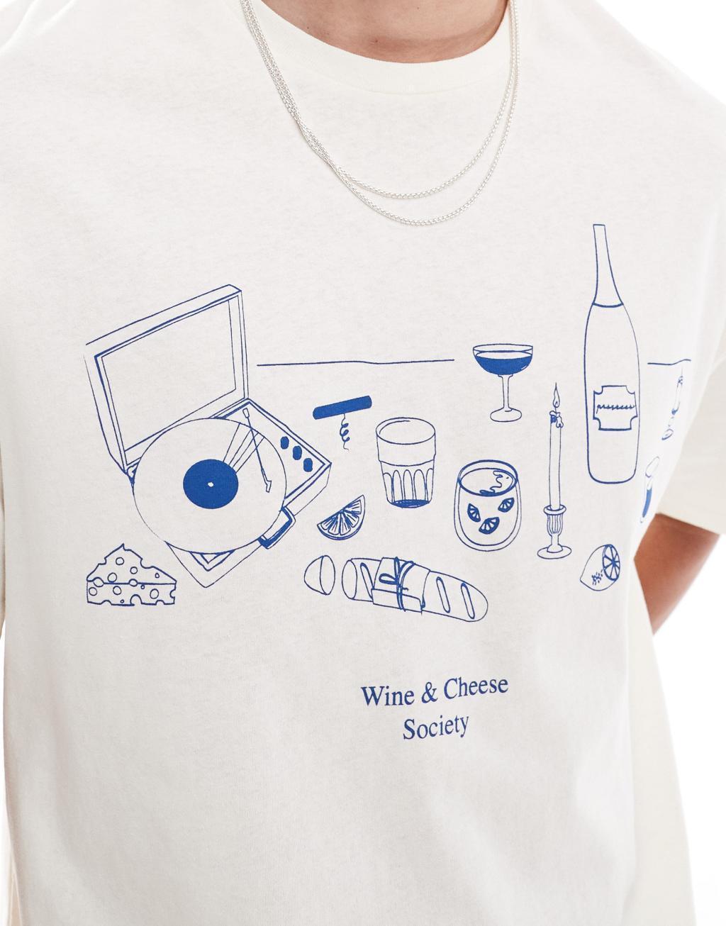 Jack & Jones oversized T-shirt with Wine & Cheese Society print in beige Product Image