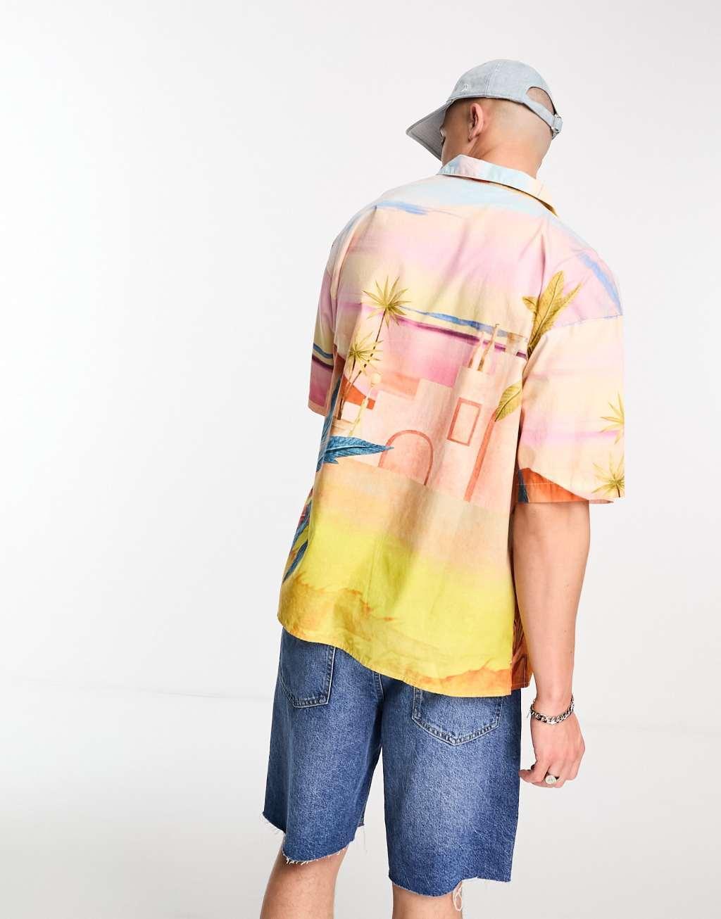 Jack & Jones Originals oversized revere collar shirt with scenic beach print  Product Image