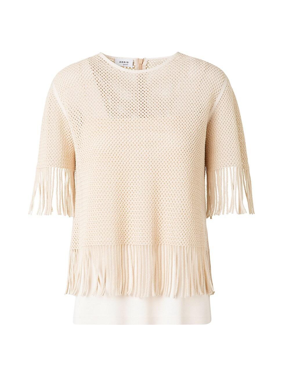 Womens Fringed Cotton-Blend Mesh Blouse Product Image