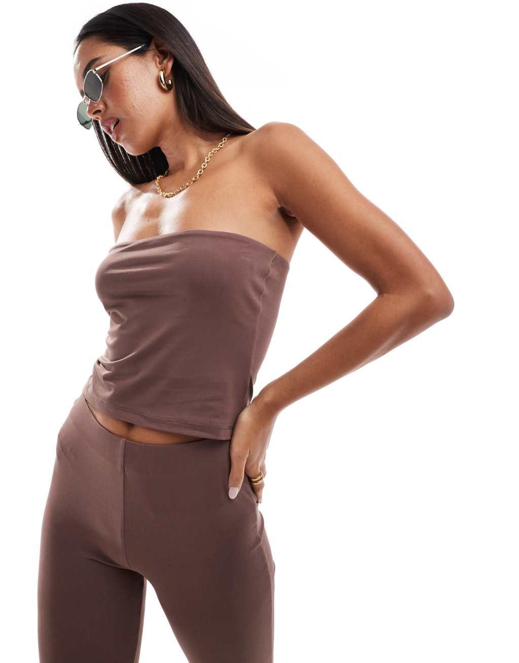 ASOS DESIGN clean longline bandeau in chocolate Product Image