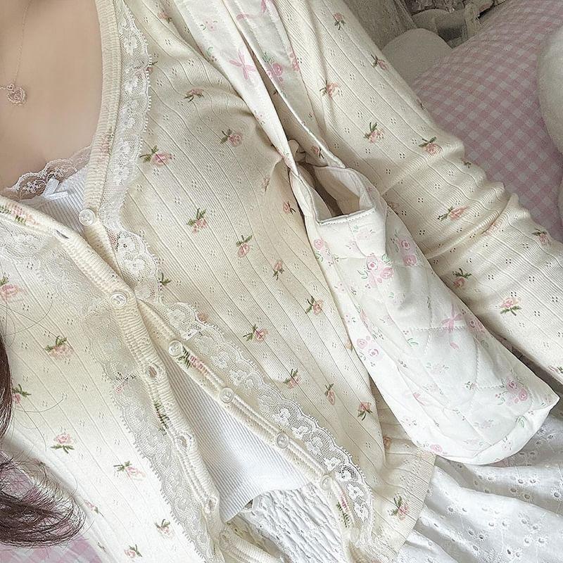 Long Sleeve Floral Print Lace-Trim Slim-Fit Light Cardigan Product Image