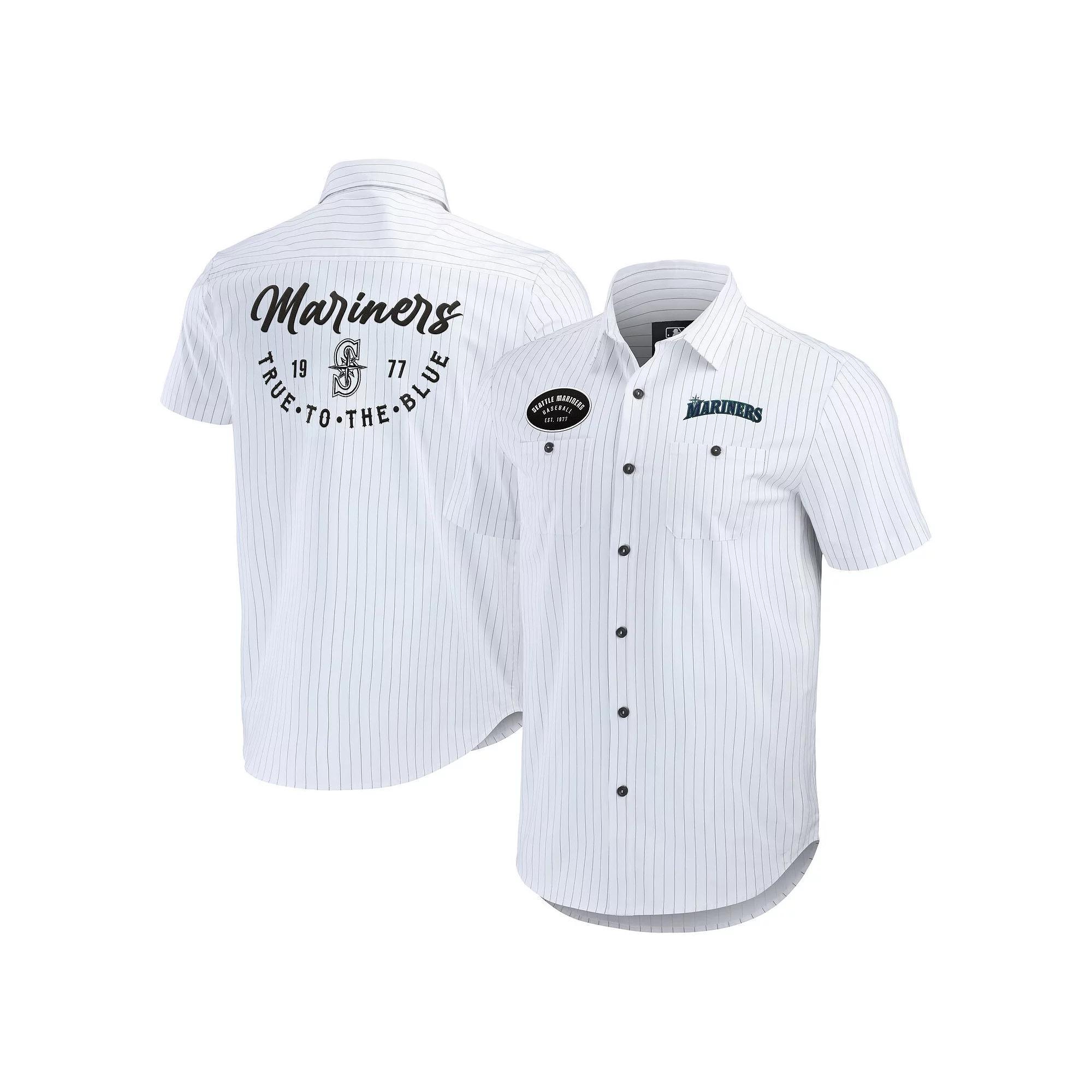 Men's Darius Rucker Collection by Fanatics White Seattle Mariners Pin Stripe Short Sleeve Button-Up Shirt,  Product Image