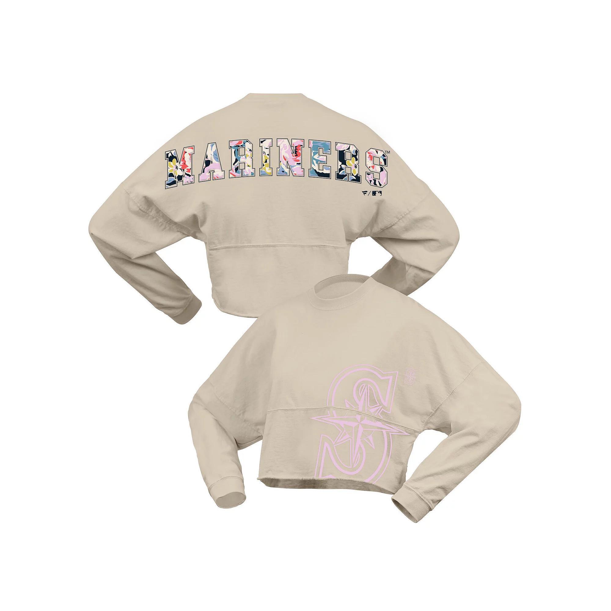 Women's Fanatics  Cream Seattle Mariners Floral Preppy Cropped Long Sleeve T-Shirt, Size: Medium, Beige Product Image