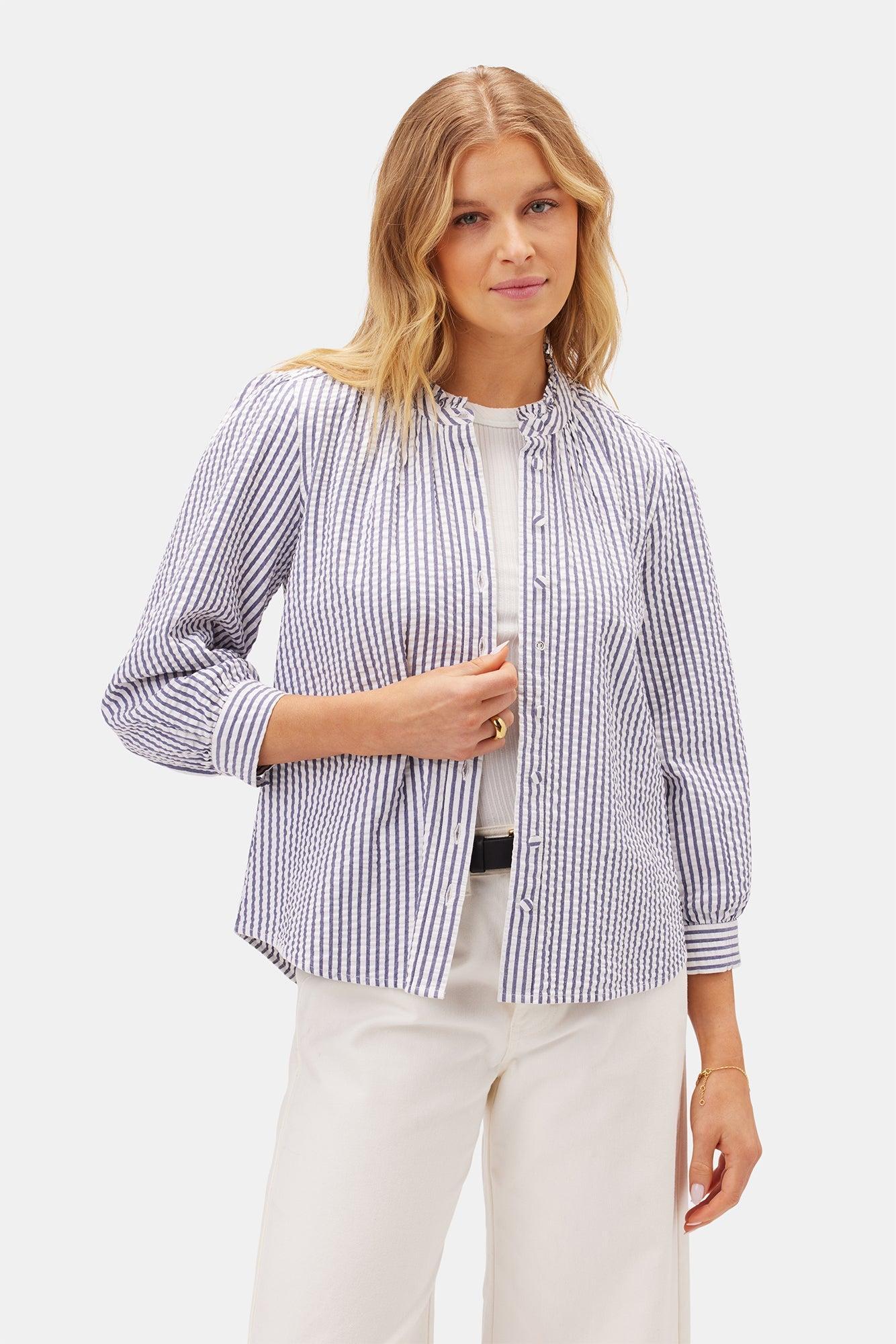 Charlotte Seersucker Blouse - Brittany Stripe Blue - ReAmour Product Image