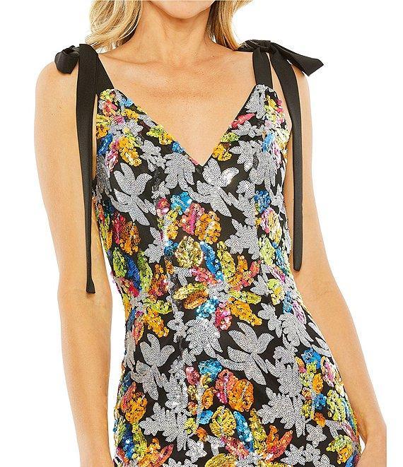 Mac Duggal Floral Sequin Low V Back Bow Tie Strap Detail V-Neck Column Gown Product Image