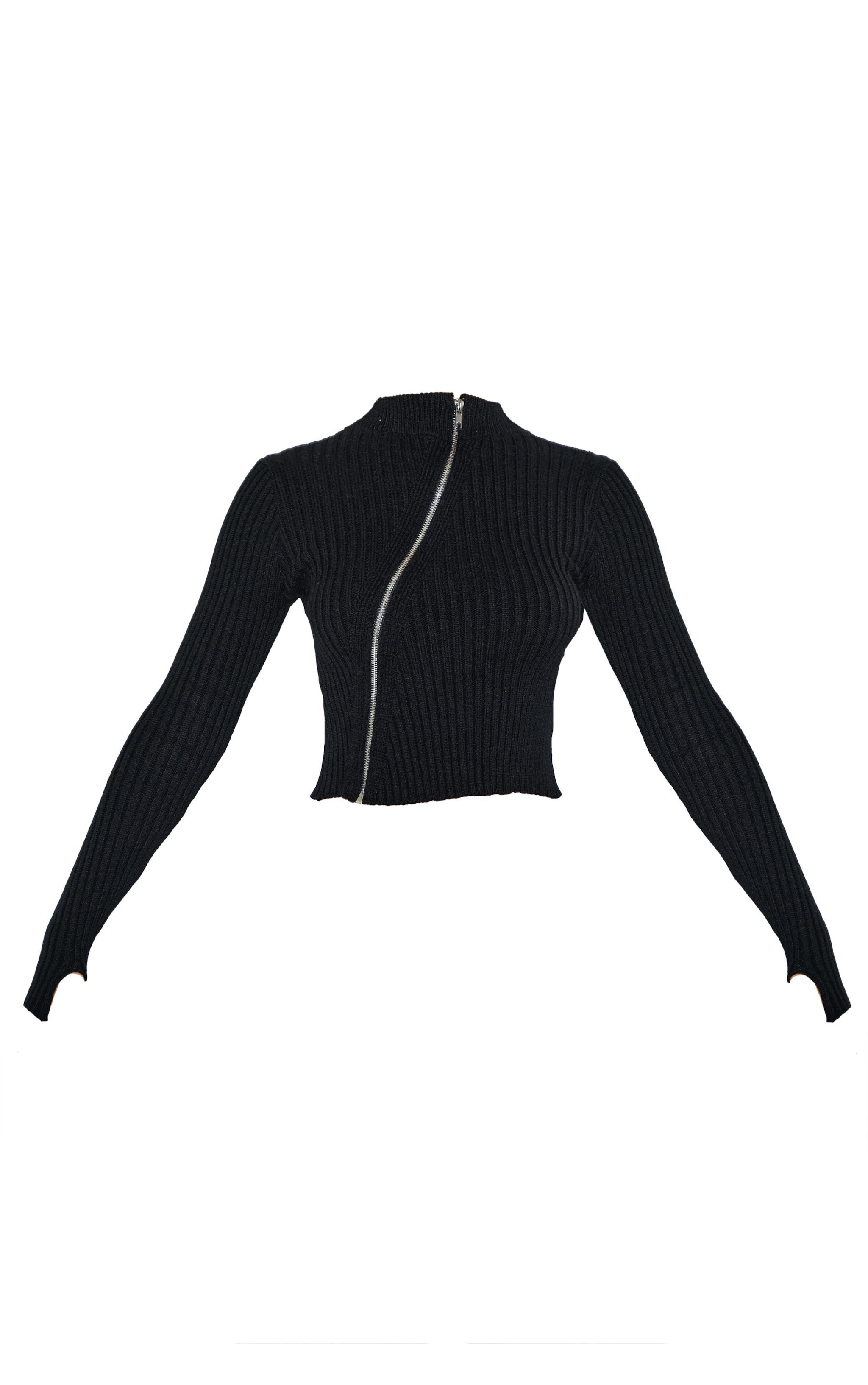 Petite Black Knitted Front Zip Detail Top Product Image