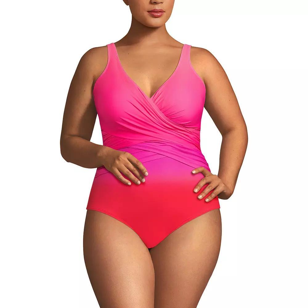 Plus Size Lands' End SlenderSuit DD-Cup Tummy Control Surplice One-Piece Swimsuit, Women's, Size: 20W Dd, Pink Team Ombre Product Image