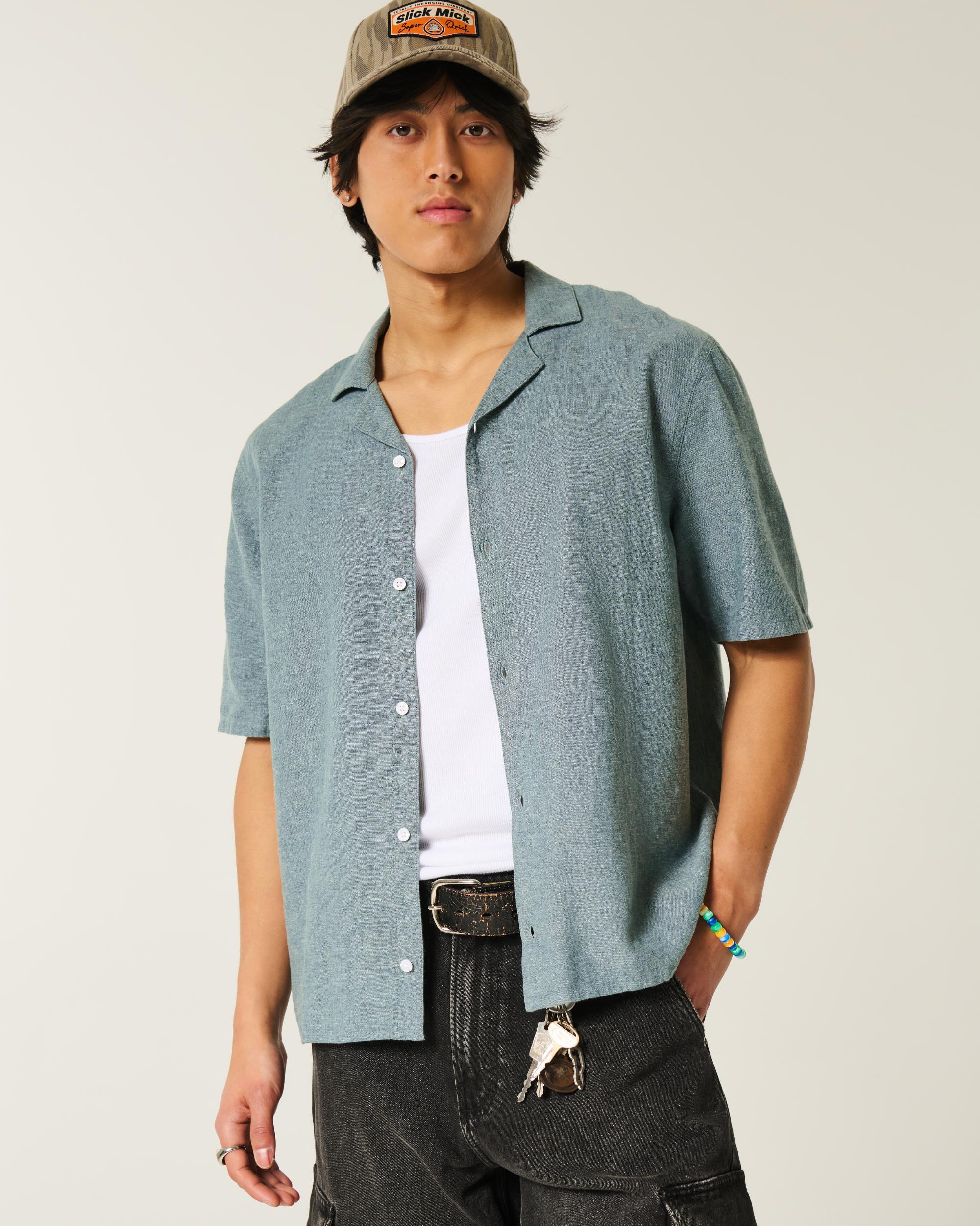 Boxy Short-Sleeve Linen-Blend Shirt Product Image