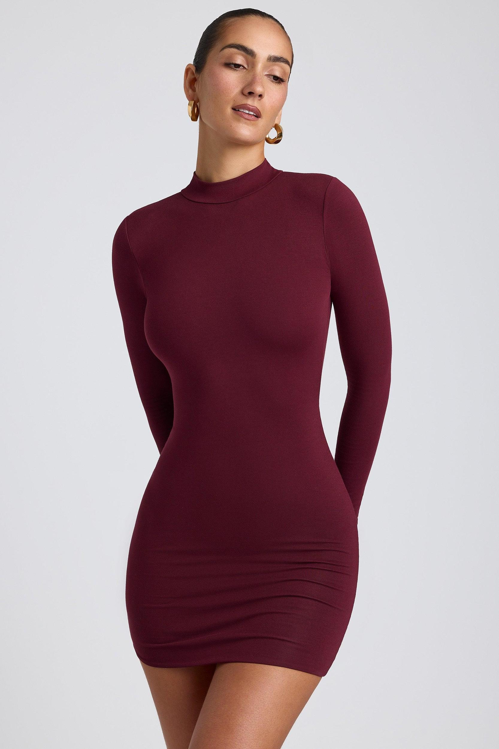 Modal Open-Back Long-Sleeve Mini Dress in Plum Product Image