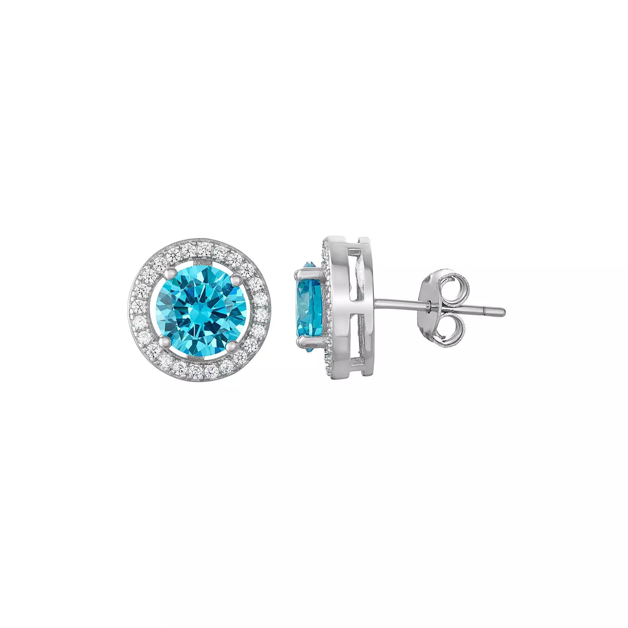 Sterling Silver Cubic Zirconia Halo Stud Earrings, Women's, Cerulean Product Image