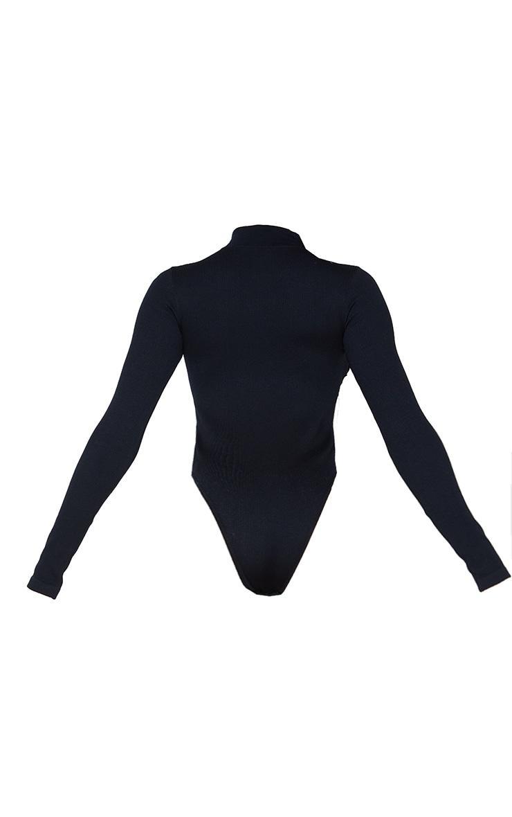 Black Snatched Rib Zip Up Long Sleeve Bodysuit Product Image