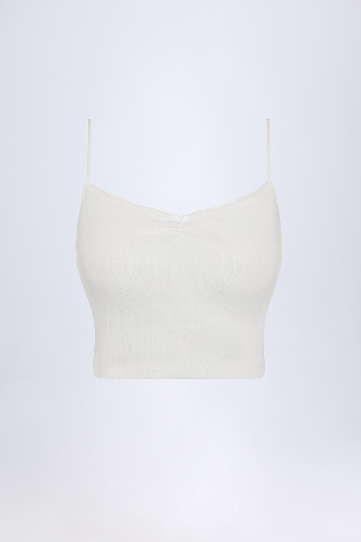 Pointelle Ruched Camisole Crop Top in White Product Image