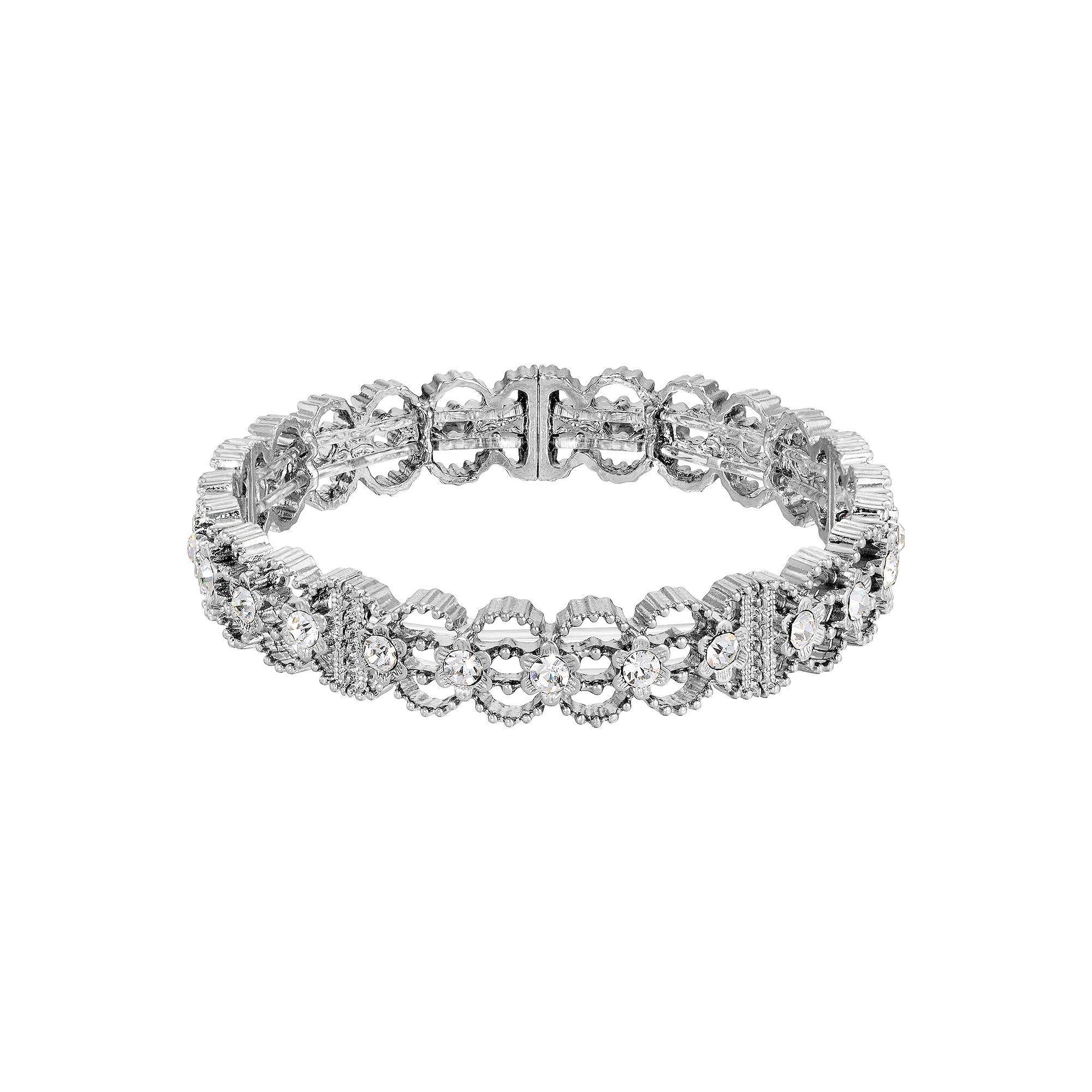 1928 Silver Tone Crystal Stretch Bracelet, Women's, White Product Image