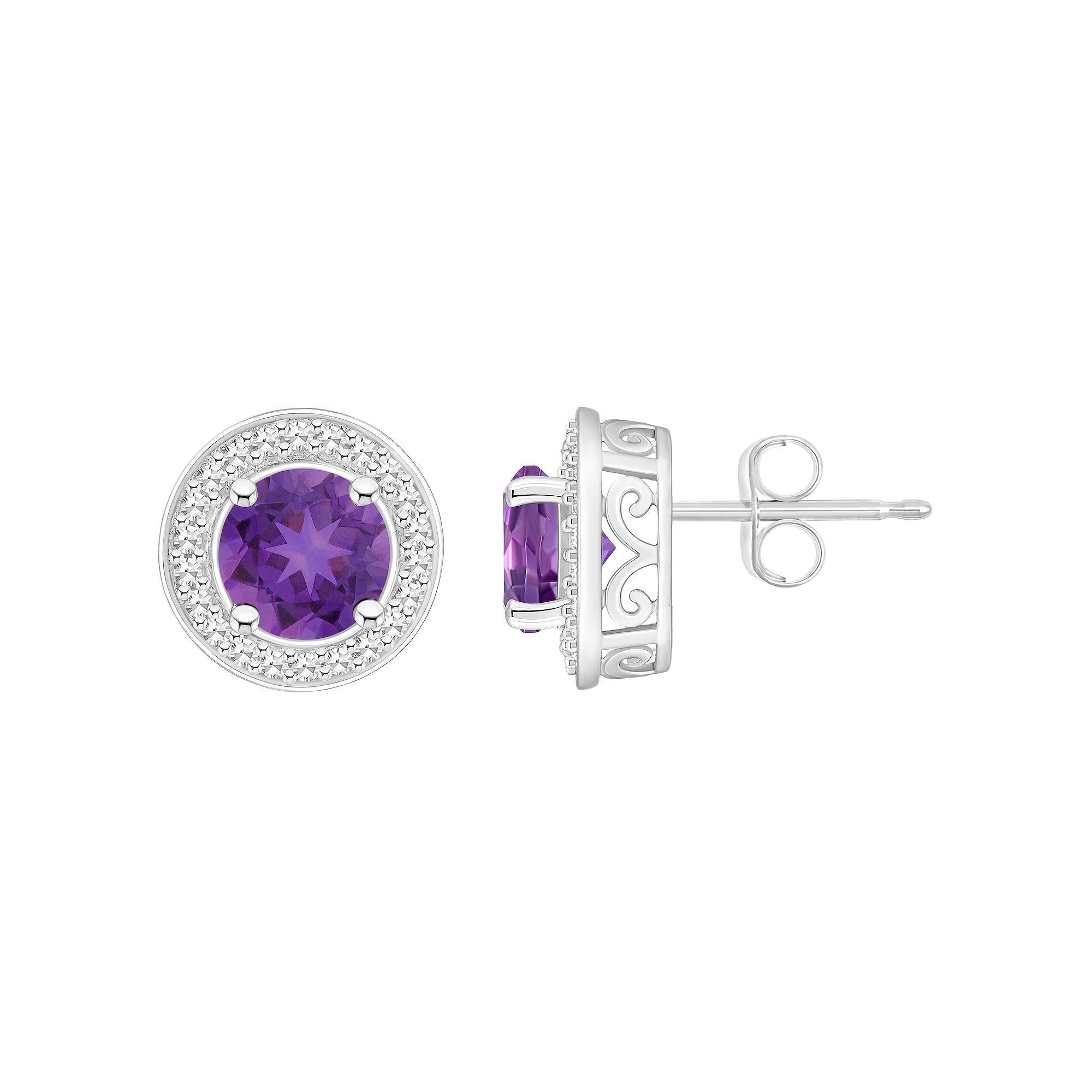 Celebration Gems Sterling Silver Round Gemstone & 1/5 Carat T.W. Diamond Halo Stud Earrings, Women's, Purple Product Image