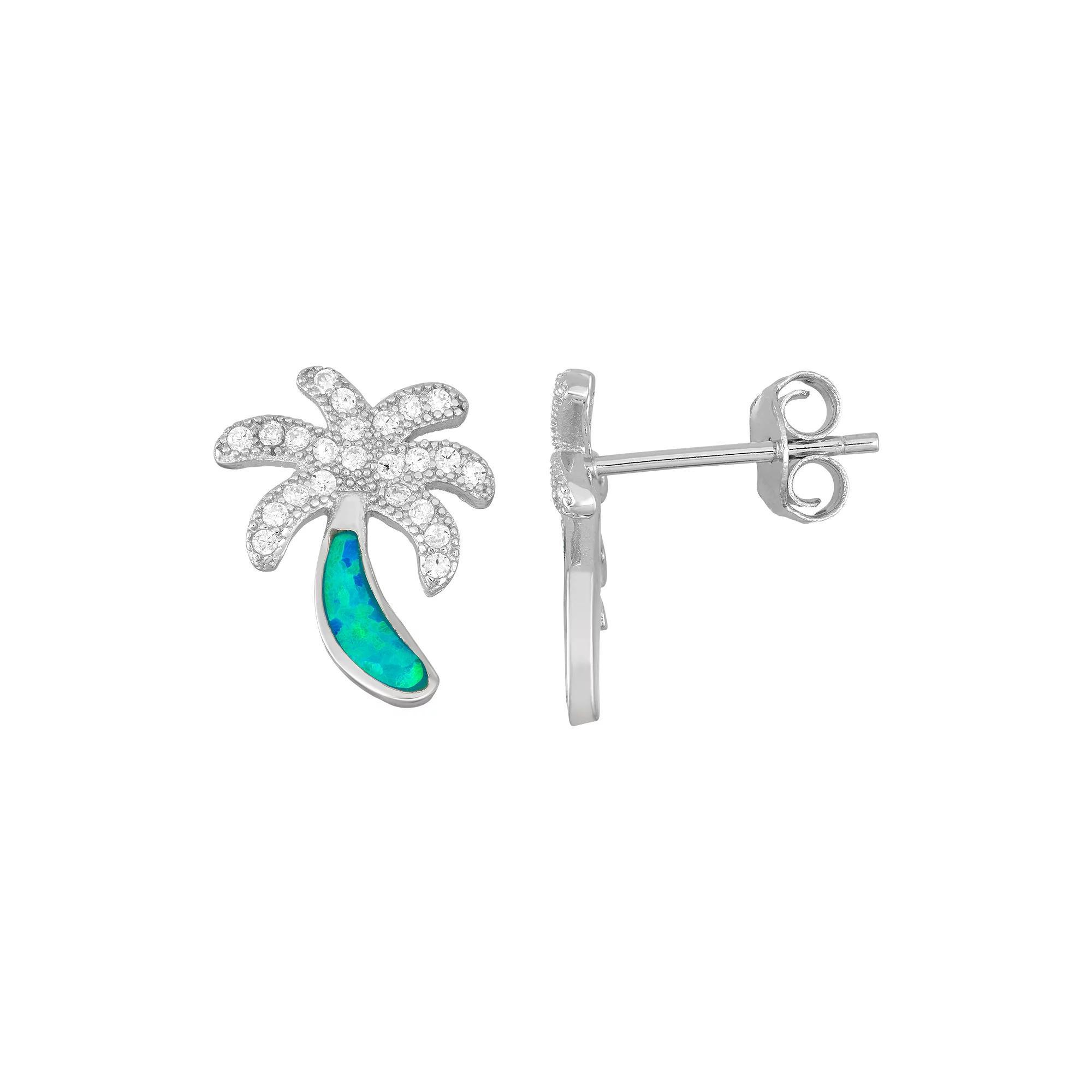 Sterling Silver Cubic Zirconia & Lab-Created Blue Opal Palm Tree Stud Earrings, Women's Product Image