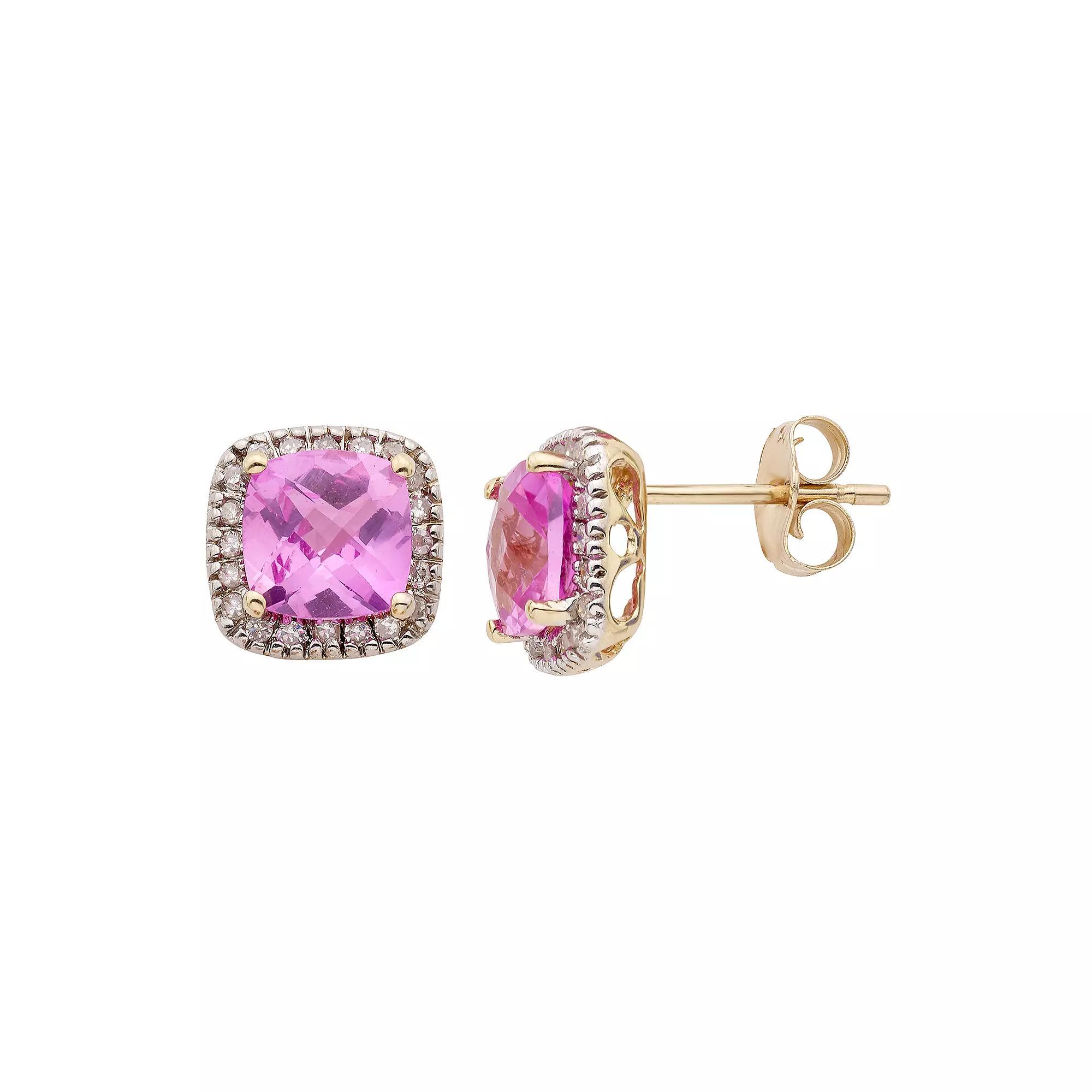 Lab-Created Pink Sapphire and 1/6 Carat T.W. Diamond 10K Gold Halo Button Stud Earrings, Women's, Yellow Product Image